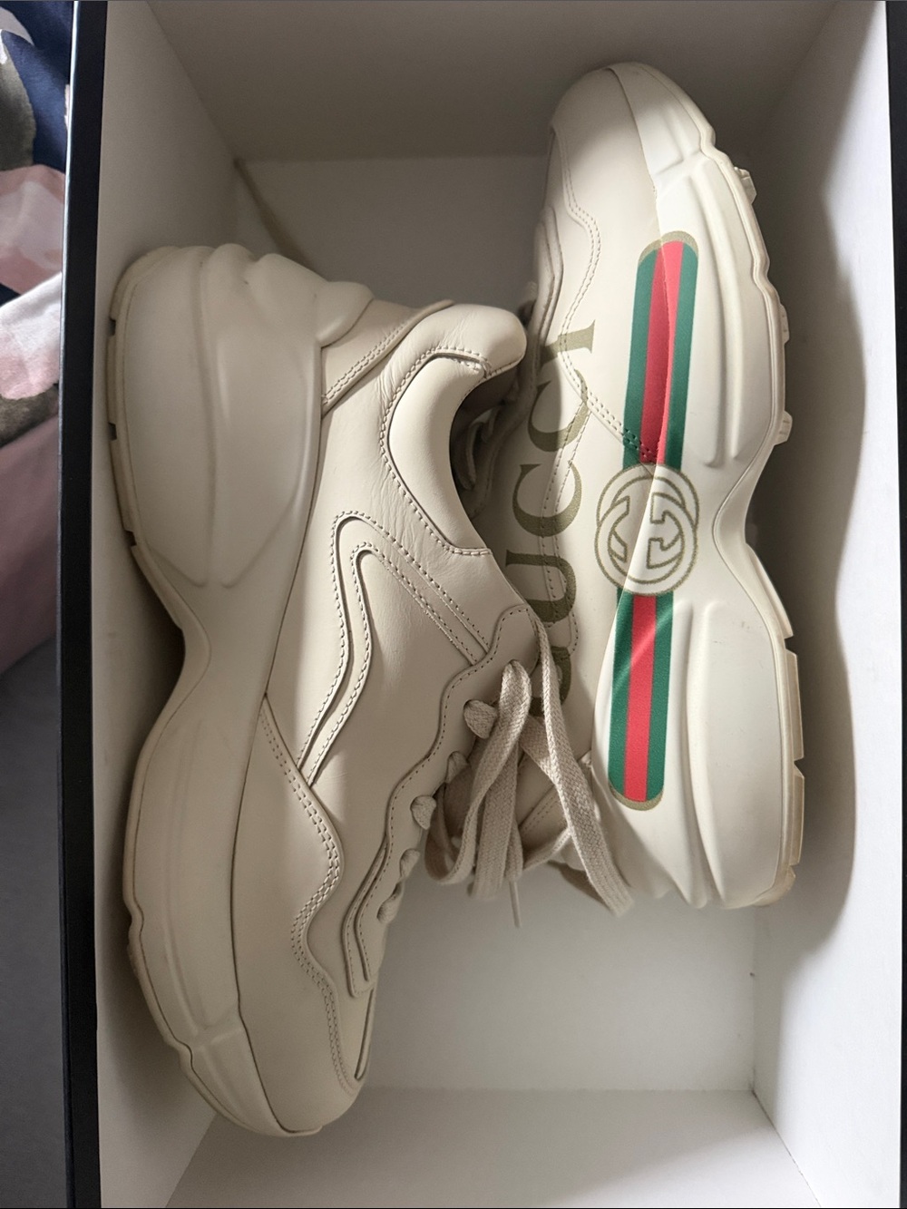 Gucci Cream Rhyton Leather Sneakers with Green-Red Web